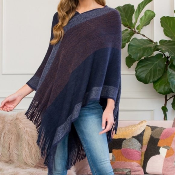 CASUAL DOLLZ Striped Sweater Knit Poncho - Picture 2 of 8